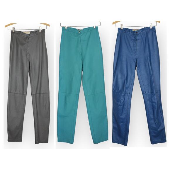 3 pair XS Vintage ELENA'S Leather Pants Grey~Cobalt~Turquoise 80s USA